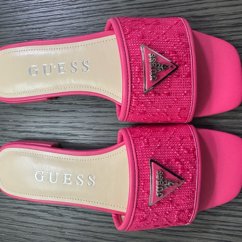 GUESS Bright Pink Textured Slide Sandals with Logo Emblem
